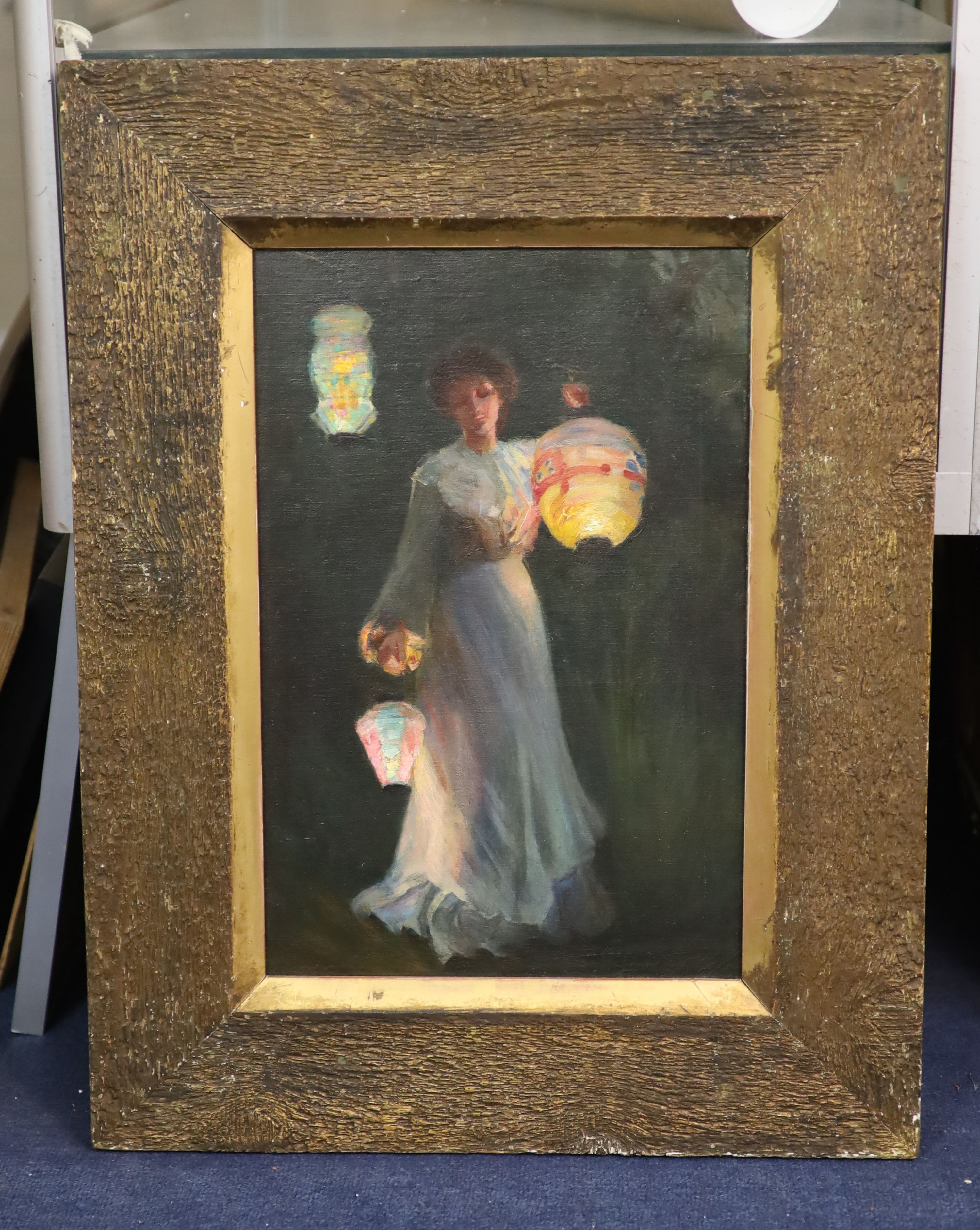 Manner of Thomas Cooper Gotch (1854-1931), Woman holding lanterns, oil on canvas, 44 x 29cm